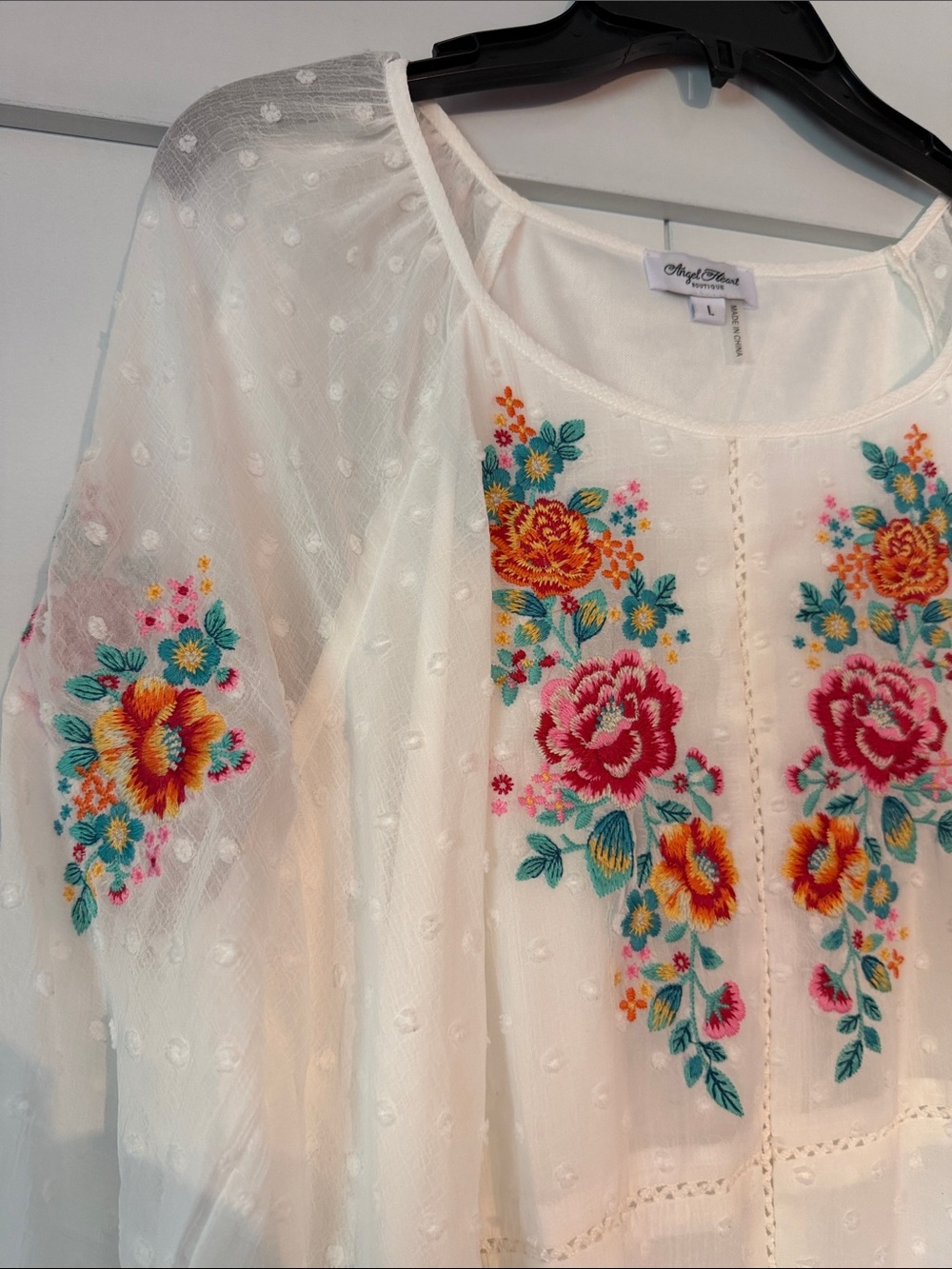 Angel Heart Boutique White Swiss Dot Peasant Blouse with Floral Embroidery - Picture 3 of 3